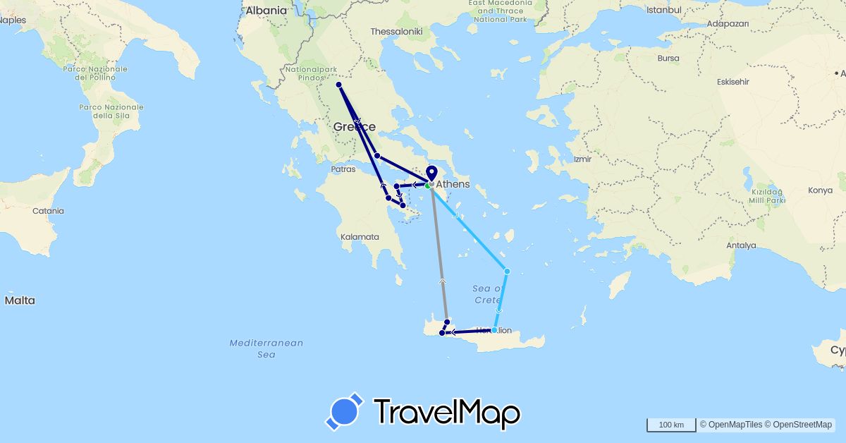 TravelMap itinerary: driving, bus, plane, boat in Greece (Europe)